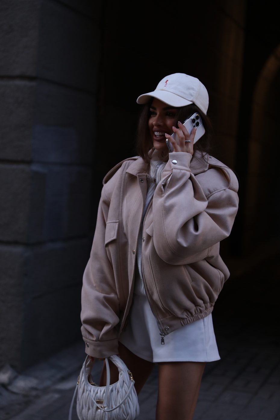 Suede Oversized Bomber Jacket Beige