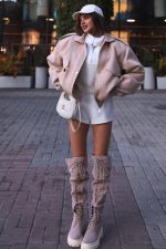 Suede Oversized Bomber Jacket Beige - Зображення 7